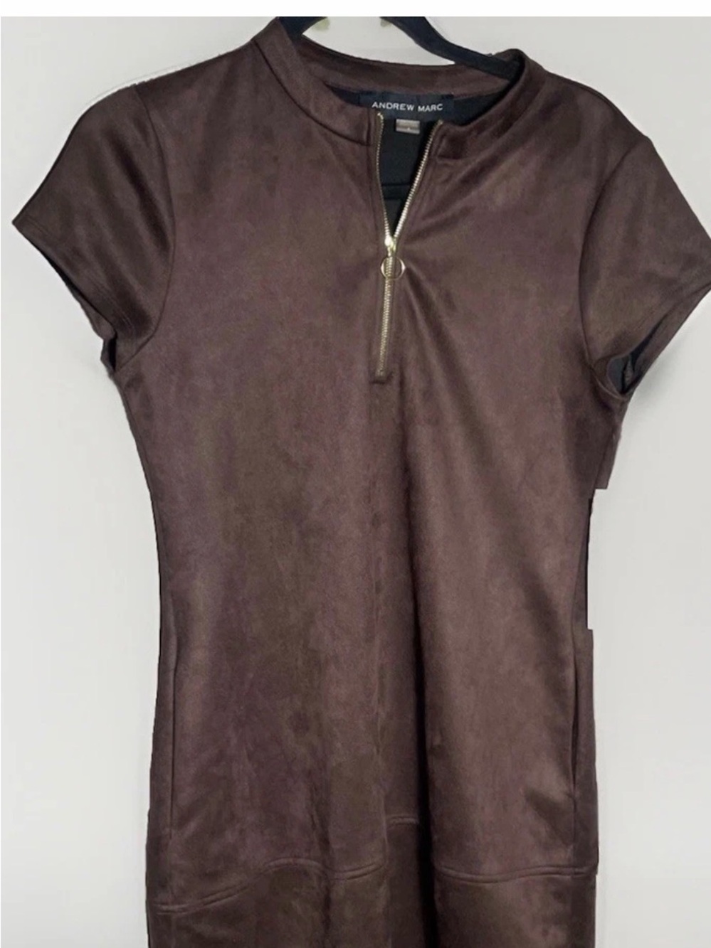 Andrew Marc Chocolate Brown Faux-Leather Short Sleeve Tunic with Zip